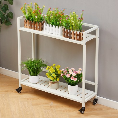 디원리빙 베란다 슬림 이동식 화분정리대 다용도 철제 화분선반, 2단, 크림화이트 80cm