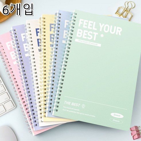 경질 표지 스프링 노트 가로선 두꺼운 메모장 학교용 컬러 일기장, 6개, 분홍, 흰색, 노란색, 보라색, 초록색, 파란색，A5