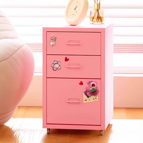 하루꿈 헬메르 이동식 서랍장 디자인 조립식 사무실 거실 철제 데스크 책상 밑 서랍장 수납장, 3개, 핑크