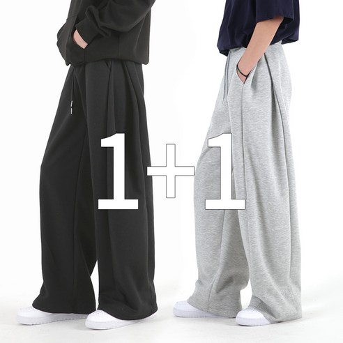 오버나인 1+1 남자 사이드 핀턱 옆트임 바지 와이드 트레이닝 팬츠