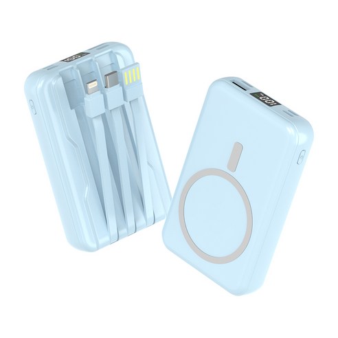 대용량 맥세이프 호환 보조배터리 20000mAh 무선충전 케이블 일체형 LCD 잔량표시, 스카이, 1개