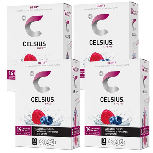 'CELSIUS Berry Powder Stick Packs 셀시어스 베리 파우더 스틱 14개입 1박스, 71.5g, 4개 ...