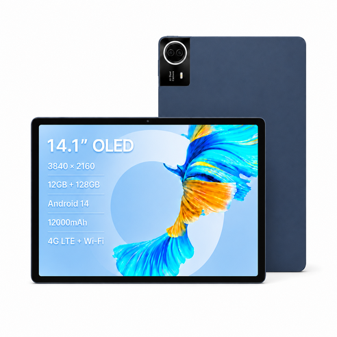 14.1인치 FHD 대화면 태블릿 PC Android 14 12GB+128GB 온라인 강의 업무 학습 영상 시청용, Wi-Fi + 셀룰러, 128GB, 미드나잇 블루