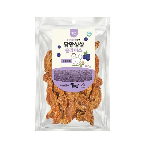 웰랩 강아지 수제간식, 1개, 100g, 닭안심살슬라이스(블루베리)
