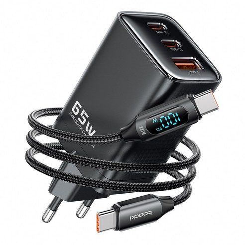 Toocki GaN PPS PD 65W 2C1A 3포트 초고속 멀티충전기, 1개, 블랙+케이블