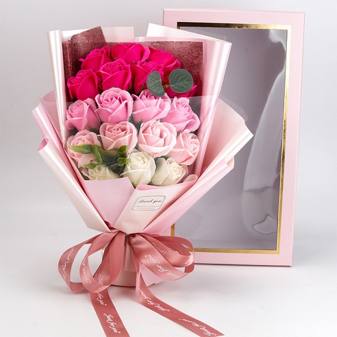 Leesheer 시들지 않는 장미 꽃다발 LED 비누 꽃다발 기념일 선물+선물함, 1개, 그라데이션 핑크
