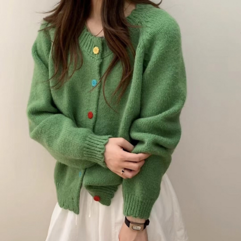 아닐라 2026년 봄신상 여성용 비비드 컬러 버튼 라운드넥 가디건 트렌디 니트웨어