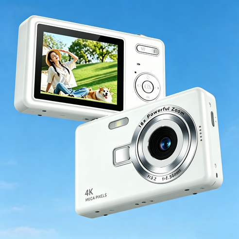 디지털 카메라 빈티지 카메라 내장 플래쉬 128GB SD카드 포함 Type-C 충전, 화이트