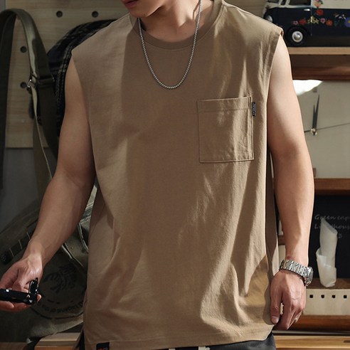 인어미남 여름 남자 멋스러운 데일리 포켓 장식 캐주얼 루즈핏 나시