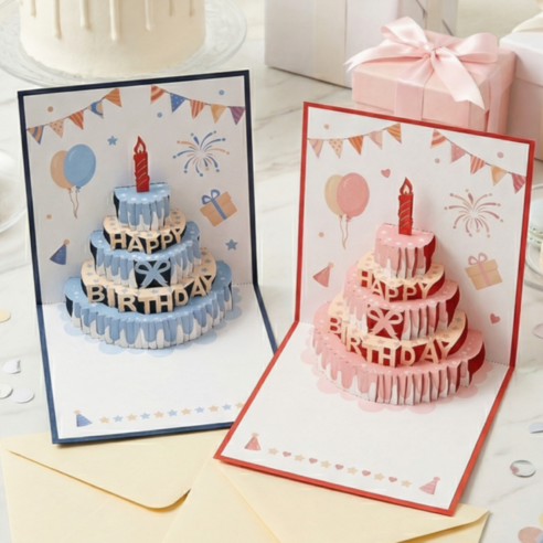 글로우포레 3D 입체 팝업 생일 축하 카드, 2개, 레드,블루
