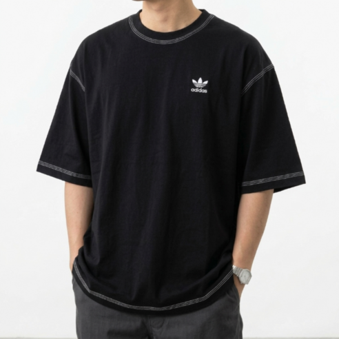 아디다스 오리지널 스티치 오버핏 블랙 커플 반팔티 에센셜 트레포일 루즈핏 힙한 티셔츠