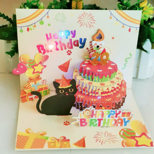 라나즈초이스 고양이 생일 축하 카드 음악 조명 효과 3D 입체 생일 메세지 카드 ( 촛불 불기 연출 )