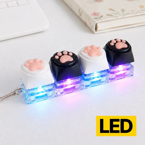 디심플 흑백 고양이 4구 LED 키보드 키캡 키링, 1개, 혼합색상