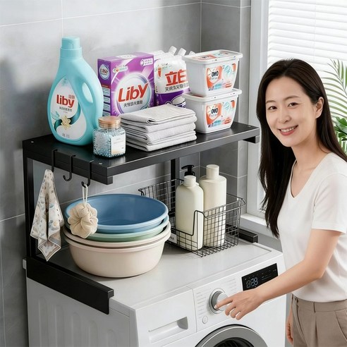 수납 정리 선반 세탁기 위 선반 길이 조절 선반 냉장고 자석 선반, 1개, 블랙