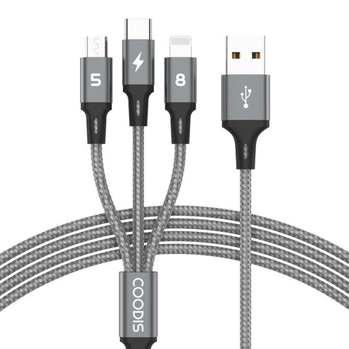 쿠디스 3in1 스마트폰 고속 충전 멀티 케이블, 150cm, 다크그레이, 1개