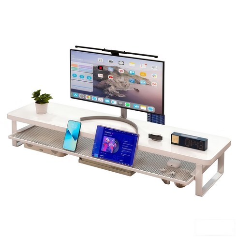 SUKI 수납 서랍형 다용도 거치대 메탈 모니터 받침대, 퓨어 화이트70*22*15cm