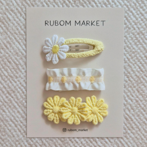 [루봄마켓] 핸드메이드 유아 꽃 리본 똑딱핀 3종 세트 여아 머리핀 어린이 헤어핀