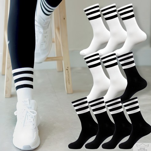 지니양말 100% 국내생산 남성 여성 삼선 포인트 라인 중목 양말 10켤레 여성용, 여성용, 블랙 + 화이트, 블랙 + 화이트 섬네일