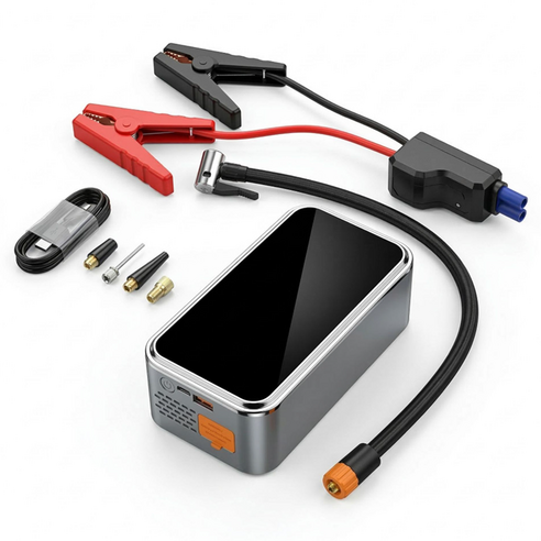 HELLOLEIBOO 4 인 1 무선 디지털 터치 스크린 비상 전원 공급 겸용 에어 컴프레셔 6000mAh, 블랙 + 실버, 1개