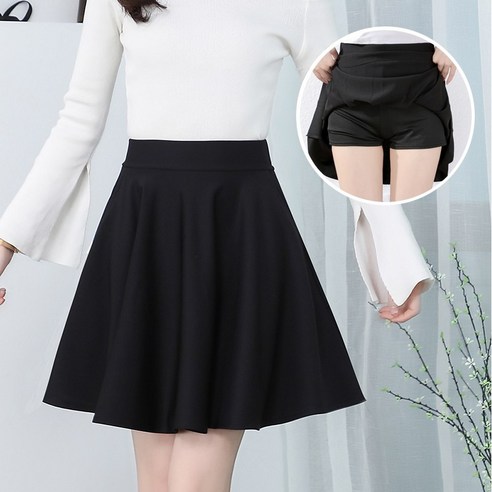 원앤온리 여성 플레어 빅사이즈 속바지 포함 허리 밴딩 스판 치마 블랙