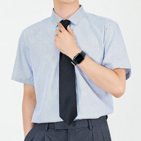 위크무드 시원한 남성용 반팔 구김없는 스트라이프 정장 와이셔츠