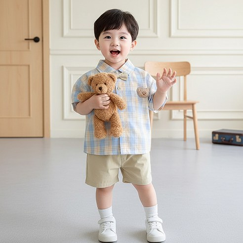 몽실이 곰패치 체크 셔츠 반팔상하복 아기 남아 여아 유아 어린이집 생일 옷 하객룩 여름 상하세트