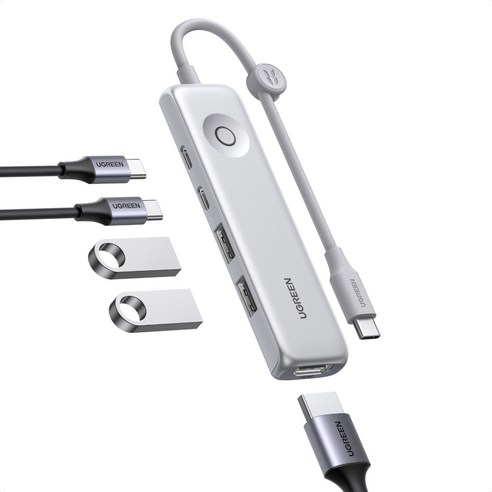 UGREEN 유그린 5포트 USB 3.2 C타입 멀티 허브 10Gbps HDMI2.0 4K60Hz PD100W 초경량 제어 버튼 탑재, 1개, 실버