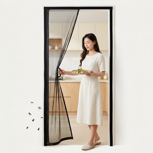 OLIVET 현관 방충망 문 자석식 모기장 여름용 간편설치 가정용, 블랙