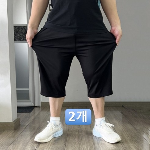 (2벌세트)XL-10XL 히트세븐 아이스 빅사이즈 남성 7부바지 쿨 칠부 트레이닝바지 여름 반바지 추리닝 작업복 바지 SMHTP260421, 블랙+블랙
