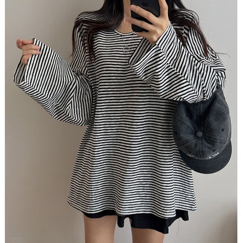 마이쏭 여성 빅사이즈 봄신상 여름긴팔 루즈핏 래퍼단가라박스긴팔티