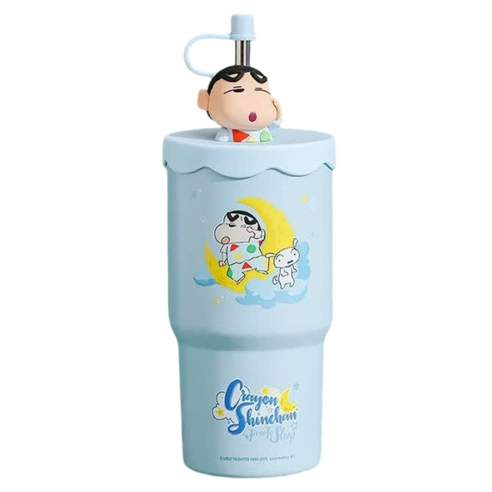 StarR 크레용신짱 피규어 빨대 보온텀블러, 1개, 580ml, 블루