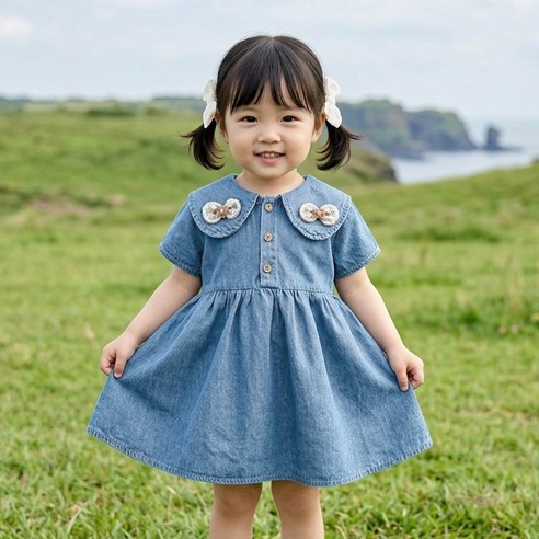몽실이 리본장식 데님반팔원피스