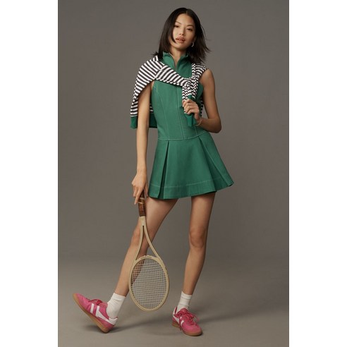 maeve zip-front box-pleat tennis dress Maeve Pleated Midi Dress: Floral Midi Dress, Sundress, Plisse Dress, Blue  Midi, Green Midi, Summer Dress