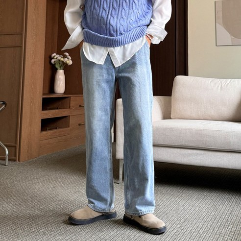 남자 세미와이드 샌드워싱 뒷밴딩 데님 청바지 팬츠 빅사이즈 후기 분석 - 측면 실루엣