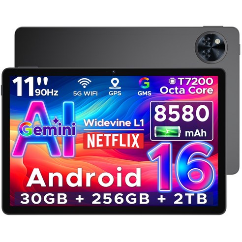 DOOGEE U11PRO 안드로이드 16 태블릿 11인치 대화면 30GB+256GB Gemini AI지원 90Hz 디스플레이 8580mAh 배터리 테블릿pc, 검정색