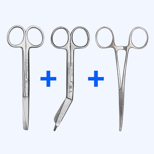 의료용 베이직 3종 일자 시저 가위 + 거즈 붕대가위 + 곡선 캘리 14cm 세트, 3개