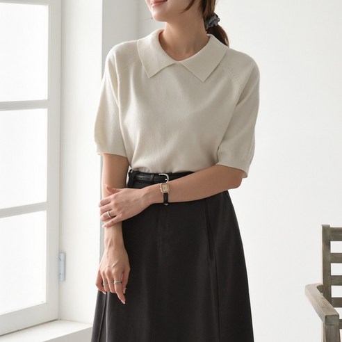 데일리앤 시프 여성 퍼프 5부 반팔 카라넥 니트 티셔츠 부드러운 가을 무지 나그랑 니트티
