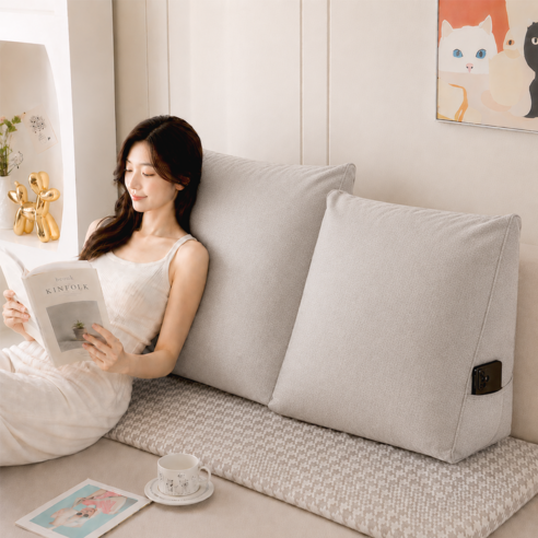 ODNUM 등받이 쿠션 넓고 두꺼운 삼각 허리 등 지지 쿠션 침대 소파 다용도 헤드쿠션 분리세탁 포켓 수납, 베이지