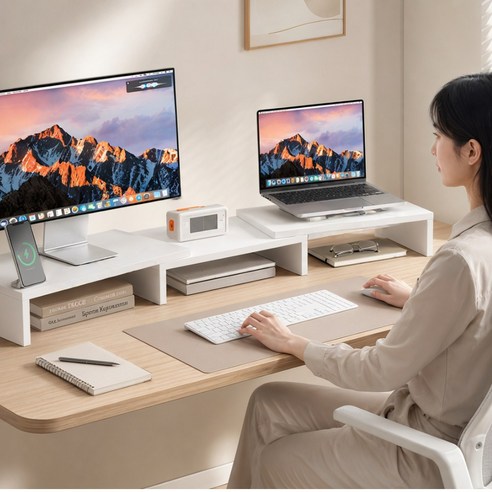 제노플로우 각도 길이조절 듀얼 모니터받침대 노트북 책상 정리 선반, 화이트