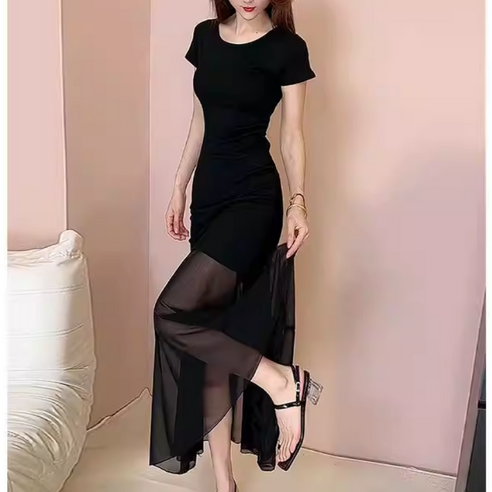 쌍천 블랙 망사 패치 원피스 슬림핏 무용복 난타복 방송댄스 무대공연 라이브방송 아나운서 원피스 A26033020