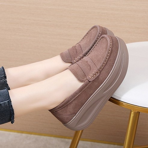 POMTOR 여성 발편한 통굽 슬립온 키높이 5cm 여성 로퍼