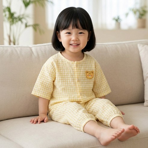 몽실이 체크 거즈면 7부 상하복세트 아동 유아 실내복