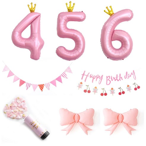 핑크 생일파티 장식세트 숫자풍선 체리가랜드 삼각가랜드 생일꾸미기, 1세트, 핑크생일파티4~6