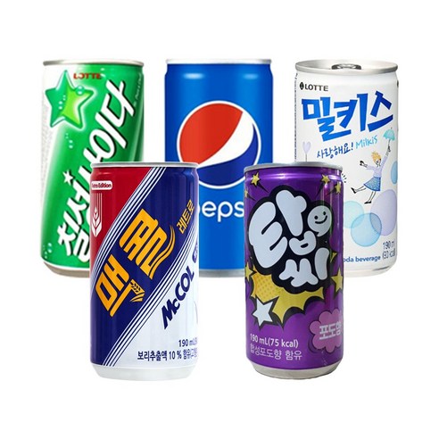마셔몰 미니캔 탄산음료 세트 칠성사이다 밀키스 펩시콜라 맥콜 탑씨포도 5가지맛, 190ml, 30개