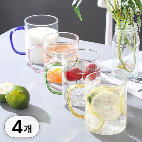 라임올리브 컬러 핸들 내열 유리컵 430ml x 4종 세트, 핑크, 블루, 옐로우, 그린, 1세트
