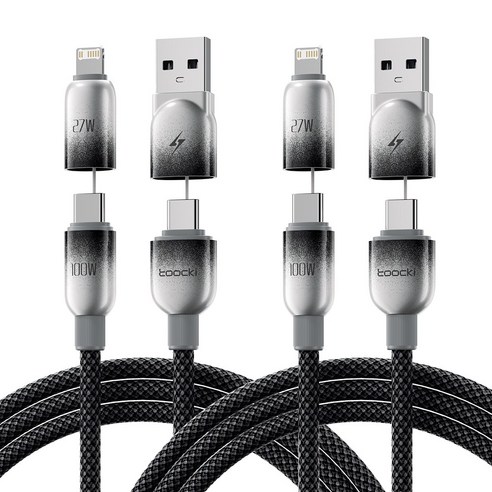 Toocki 4in1 100w C to C 8핀 라이트닝 usb 타입 초고속 멀티 충전케이블, 2개, 블랙, 1.2m
