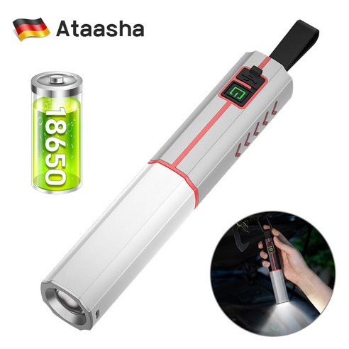 Ataasha led 충전식 손전등 줌 초강력 후레쉬 캠핑랜턴 고휘도 강한 지속력, 1개, 그레이