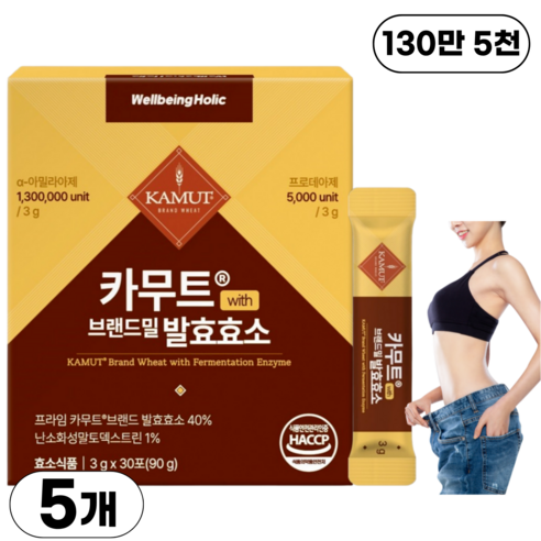 웰빙홀릭 카무트효소 분말 100% 식약청인증 130만 발효효소 골드 곡물 가루 HACCP, 5개, 90g