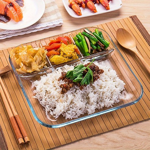 쿠코아 투명 유리 4칸 식판 디저트 간식 나눔 접시, 중 사이즈(9인치), 1개, 23*23*2.6cm 투명