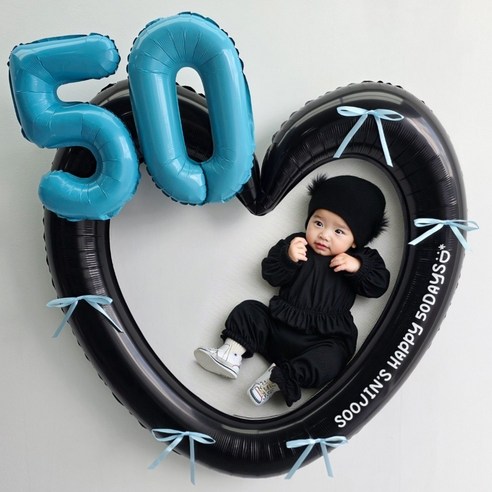 이벤트홀릭 50일 풍선 하트프레임 리본 세트(레터링 스티커 포함), 1개, 06.하트블랙 리본블루